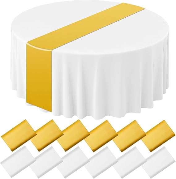 12 Pcs Round Plastic Tablecloth, Satin Table Runner, White And Gold