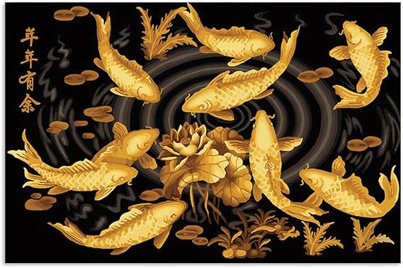 HPUXSYIO Lucky Gold Nine Koi Fish Animal Painting Wall Art Feng Shui Koi Fish Painting Posters Prints Picture for Office Living Room Home Decor (8x12inch,Unframed - Canvas only)