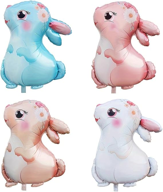 4 Pack Bunny Shaped Foil Balloons Easter Rabbit Balloons Pastel Blue Pink Orange White Bunny Balloons for Easter Decorations Birthday Party Baby Shower Basket Stuffers Supplies