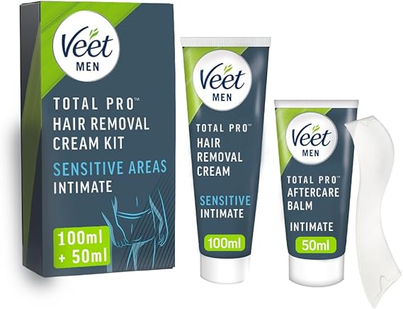 Veet Men's Intimate Hair Removal Kit - 100 ml Cream, 50 ml After Shave Balm, Spatula - Genital & Pubic Remover for Smooth Skin