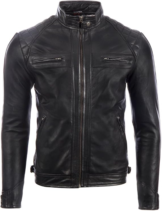 MDK Men's Real Leather Super Soft Black Biker Jacket Diamond Padded Shoulders