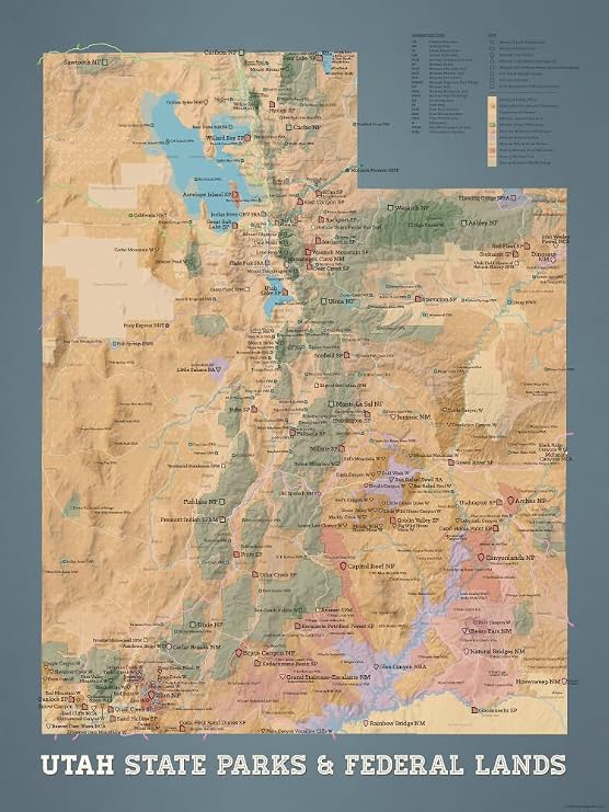 Utah State Parks & Federal Lands Map 18x24 Poster (Camel & Slate Blue)