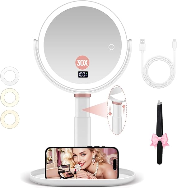 Magnifying Mirror with Light 30X/1X Double Sided, Makeup Mirror with Light & Tweezer, 3 Color Modes with Adjustable Brightness & Height, 360° Rotation Remaining Capacity Display (white)