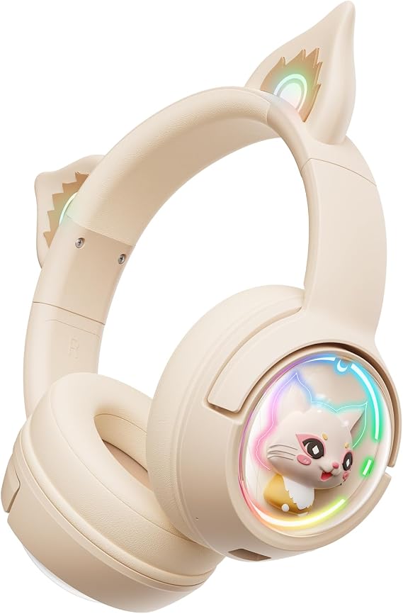 PHNIXGAM Bluetooth kedi kulağı kulaklık, kulak üstü kulaklık, kablosuz ve kablolu modda, mikrofonlu, RGB ışık, cep telefonları, PC, tablet oyun konsolları ile uyumlu, beyaz