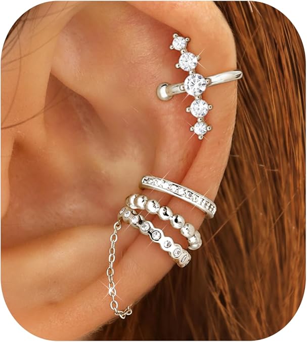 Florideco 4 PCS Ear Cuffs Non Piercing for Women 14K Gold Plated | Hypoallergenic Chain Ear Cuff Set,Trendy CZ Clip On Cartilage Earring,Dainty Adjustable Fake Piercings for Non Pierced Ears