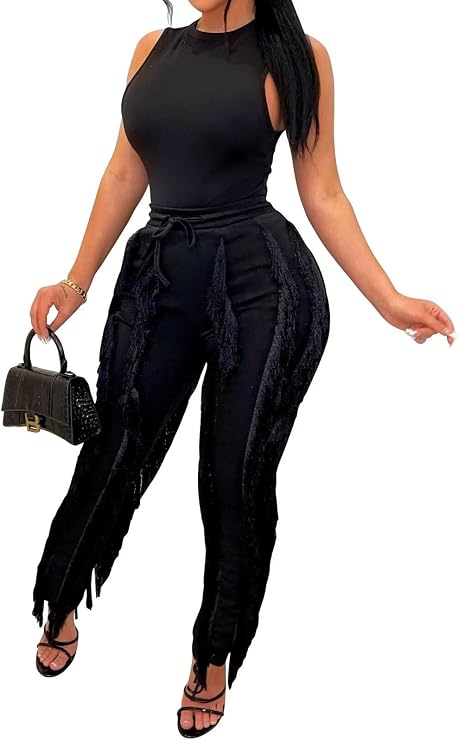 EDITCOZY Women Sexy Two Piece Outfits Fringe Pants Set Club Party Going Out | Country Concert Outfits, Sleeveless, Sexy Crop Top, High Waist Bodycon Pants, Tassel 2 Piece Sets, Birthday, Date Night