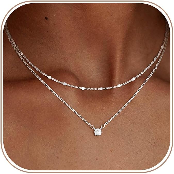 Kyerlyn Dainty Silver Gold Necklaces for Women Cute Station Choker Simulated Diamond Necklace Simple Layering CZ Necklace Trendy Jewelry Gifts Stack Chain Jewelry Gift