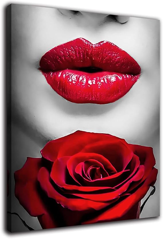 HPUXSYIO Bedroom Decor for Women Black and White Sexy Red Lips and Red Roses Canvas Prints Wall Art Bathroom Decorative Artwork Fashion Poster for Home Decorations (Framed-style,12x16inch(30x40cm))