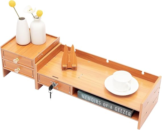 Monitor Stand Riser, Wooden Desk Riser, Stand with Drawer, Ergonomic Desktop Organiser, For Screen and Laptop, Home, Office, Notebook, iMac, PC, Printer, 3 Tiers Wood
