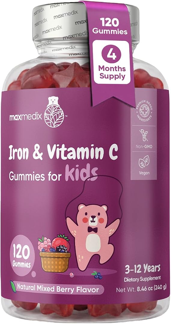 maxmedix Kids Iron with Vitamin C Gummies |120 Count, 4 Month Supply, Vegan