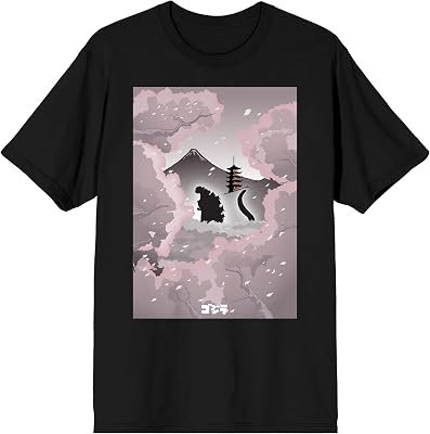 Godzilla Classic Monster Silhouette and Cherry Blossoms Across Mt. Fuji Adult Black Short Sleeve Tee