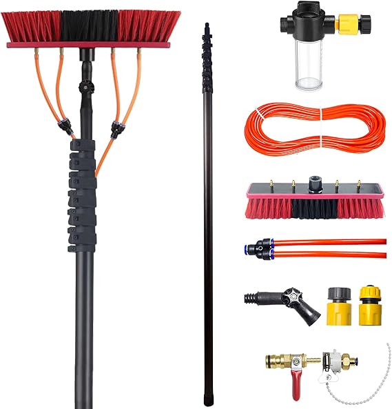 Carbon Fiber Telescopic Brush - 12m - Extendable Water-Fed Cleaning Pole with Adjustable Angle & Soap Dispenser - Universal Hose Connector for Solar Panels, Windows, Roofs & Cars - 35cm Brush