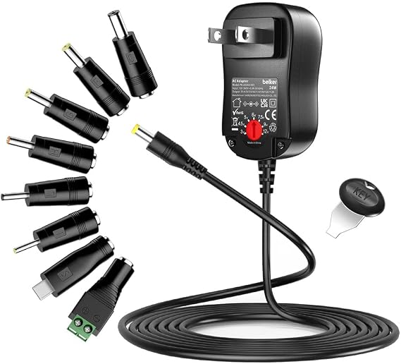 Belker 24W Universal 3V 4.5V 5V 6V 7.5V 9V 12V AC DC Adapter with 8 Tips | Power Supply for Router Light Strip CCTV Camera Speaker and More Household Electronics - 2A Max