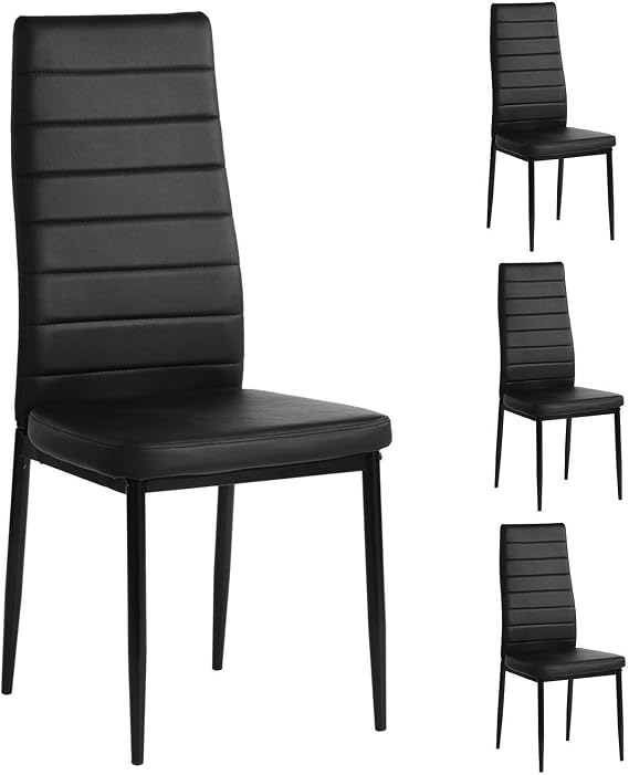 Modern Dining Chairs Set of 4, High Back PU Leather with Steel Frame Legs Kitchen Room Chairs (Black)