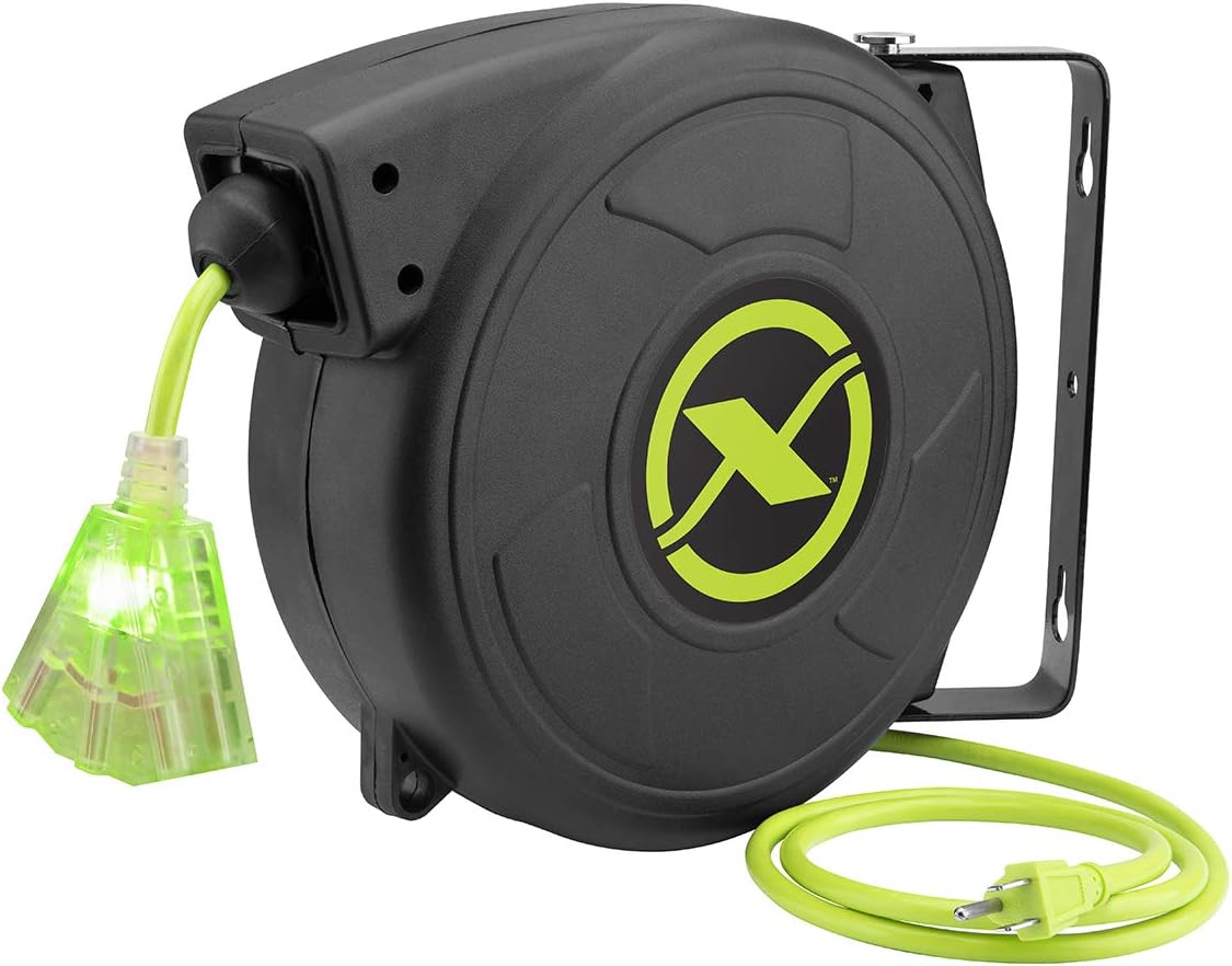 Flexzilla Retractable Extension, 143 AWG SJTOW, 50, Grounded Triple Tap Outlet Electric Cord Reel, ZillaGreen, FZ8140503