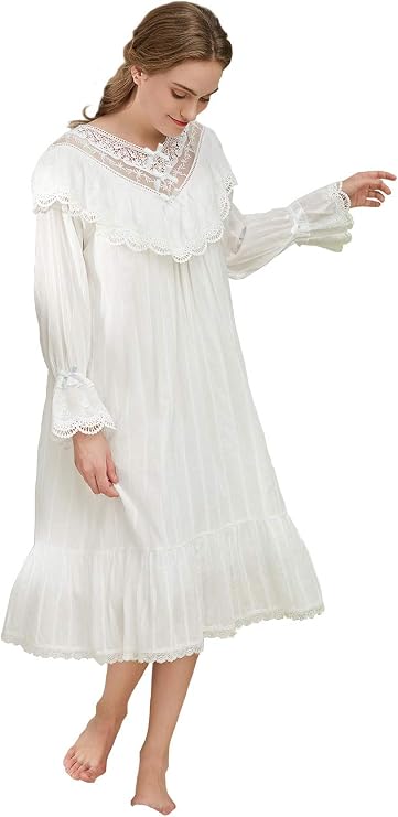 100% Cotton Victorian Nightgown Ladies Long Sleeve Nightdress Women Pajamas Sleep Shirt