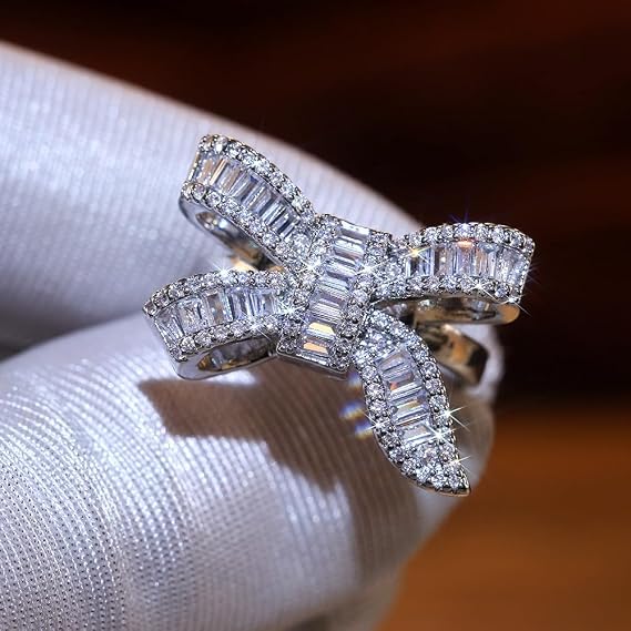 925 Sterling Silver Shiny Full Diamond Gemstone Ring 18k Gold Bow Cocktail Ring Cubic Zirconia Promise Rings CZ Diamond Butterfly Ring Eternity Engagement Wedding Band Ring for Women Z.59 (US Code 6)