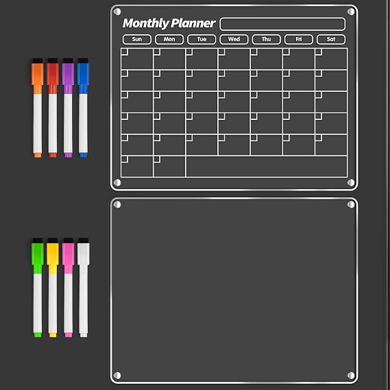 FINDMAG Fridge Calendar Magnet, Dry Erase Calendar, 2 Pcs 16" x 12" | Acrylic Calendar for Fridge, Meal Planner for Fridge Use with Family Schedules, Shopping Notes