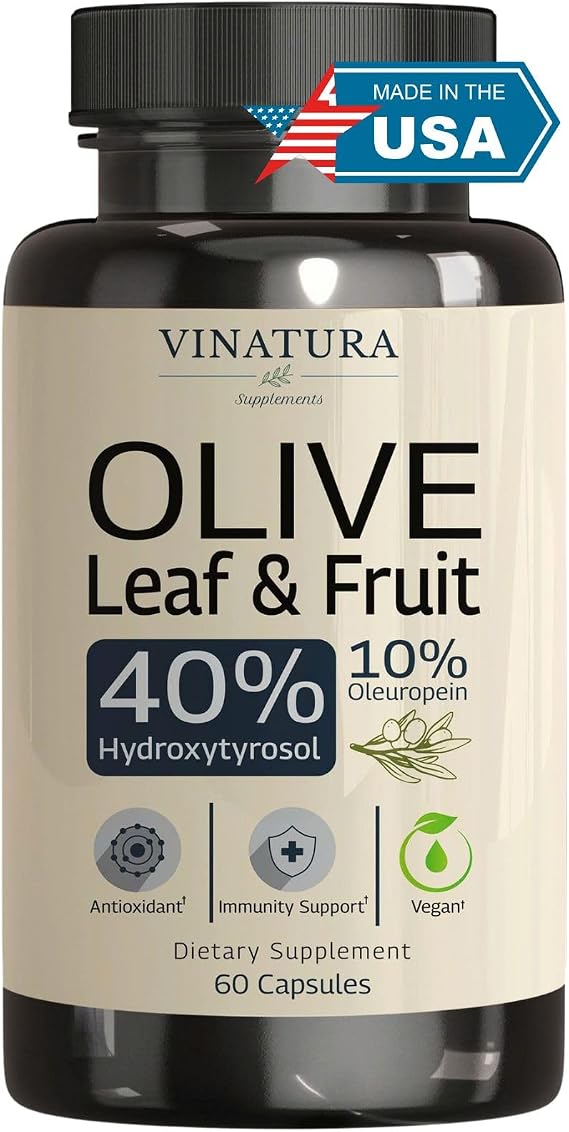 VINATURA Hydroxytyrosol Supplement, Olive Leaf Extract - 40% Hydroxytyrosol Olive Fruit Extract, 10% Oleuropein Olive Leaf Extract Capsules - 60 Capsules
