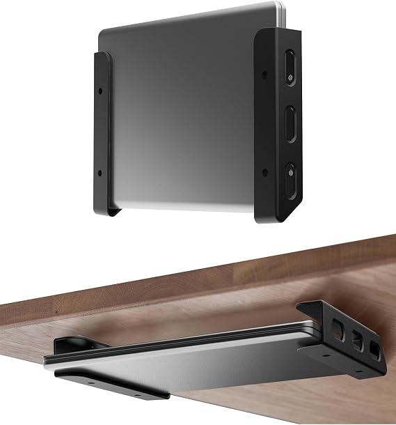 Universal Laptop Wall Mount or Under Desk Mount Holder, Black | Fit for Macbook, Keyboard, Surface, Router, Modems and More Small Devices Up to 40mm/1.57in Thick, Fixed by Screw or Adhesive