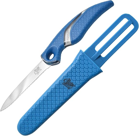 CUDA 3" Net Knife Saltwater & Freshwater Serrated Edge Titanium Bonded Stainless Steel Blade Knife with Non-Slip Scale Pattern Grip | Sheath Included