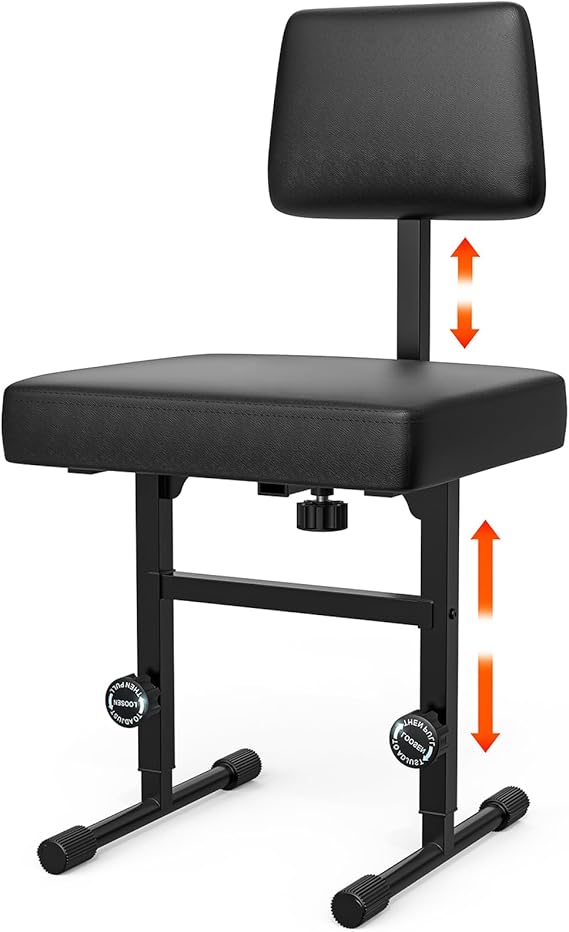 Keyboard Bench Piano Bench Padded Cushion with Backrest Height Adjustable 17.5in - 22in Keyboard Chair Black (Thick Padding) Iron Legs