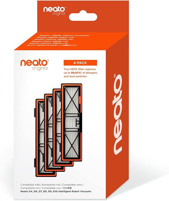 Neato Robotics Original Replacement Parts- True HEPA Filters (4-pack), developed for D10, also compatible with D9, D8, D7, D6, D4 Robot Vacuums. Max Performance.