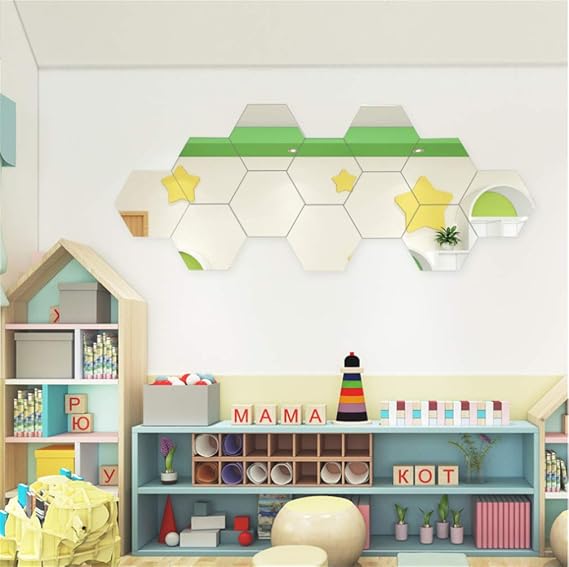 Hexagon Mirror Wall Stickers, 12PCS Mirror Art DIY Home Decorative 3D Hexagonal Acrylic Mirror Wall Sheet Plastic Tiles Decor, for Home Bedroom Living Room Sofa TV Background Wall Office Deco (Silver)