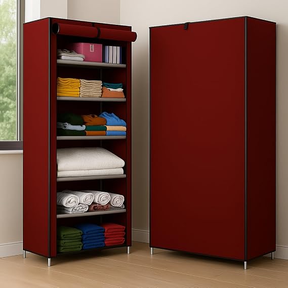 Vtopmart Collapsible Wardrobe 6 Shelves Storage Clothes Storage Rack Quick Wardrobe/Cabinet/Multipurpose Storage Rack, Foldable, Collapsible Fabric Organizer for Home Office (Maroon, 6)