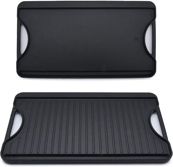 GasSaf Reversible Cast Iron Griddle, 18.5 x 10 Inch Double Sided Cooking Surface, Heavy-Duty Gas Grill Pan, Flat & Ribbed Griddle Pan for Double Burner Stovetop, Oven, Grill & Campfire