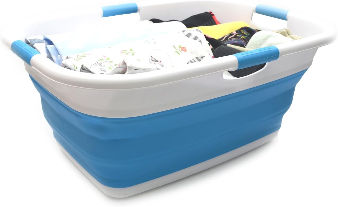 SAMMART 49L Collapsible 4 Handled Laundry Basket-Foldable Storage Container-Portable Washing Bin-Space Saving-Pet Bath Tub,Water capacity 37L1, Sky Blue, Size : 25.4 x 18.7 x 10.25 inches