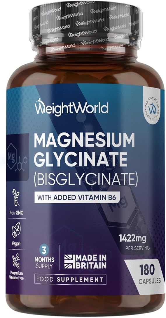 Magnesium Glycinate 1422mg - with Vitamin B6-180 Vegan Capsules | 3 Months Supply - No Additives & No Added Sugar - Gentle & Stable Magnesium Supplements for Men & Women - Made in the UK