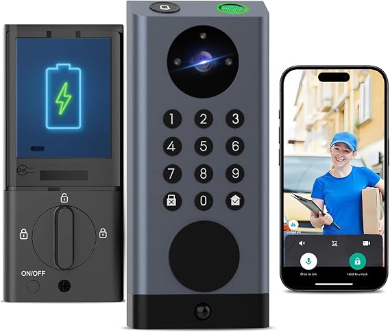Smart Door Lock with Camera Deadbolt with Video Doorbell PIR Motion Detection Front Door Lock with Fingerprint Keypad Code Long-Lasting Battery Built-in Wi-Fi No hub Required No Drilling