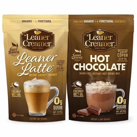 Leaner Creamer Drink Duo Instant Latte & Hot Chocolate | Non-Dairy Powder Mix | Sugar-Free, Gluten-Free | Smooth & Easy to Prepare