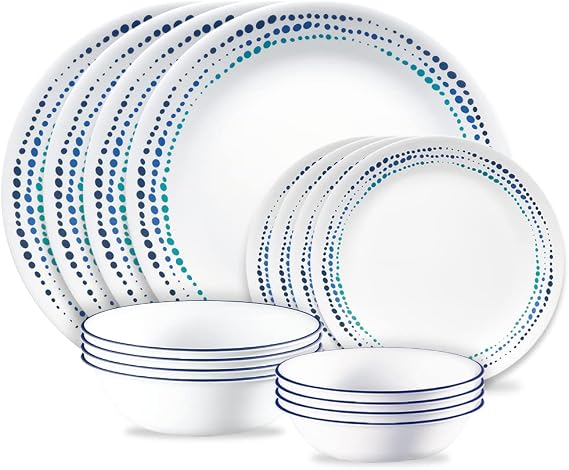 Corelle Ocean Blues 16pc Dinnerware Set, 8 Plates, 8 Bowls, Chip & Break Resistant, Dinner Plates and Bowls, Corelleware, White