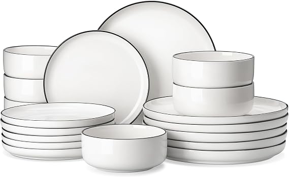 MALACASA LUNA Series 36-Piece Porcelain Dinner Set for 12 People with Large Dinner Plates, Dessert Plates, Bowls, Round Plate Set White with Black Rim