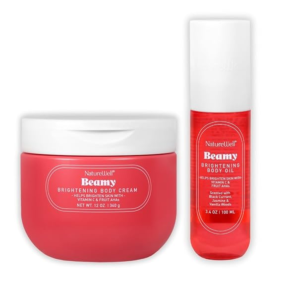 NATURE WELL Beamy Brightening Body Oil & Body Cream Bundle, Fast-Absorbing, Designed to Help Improve Tone & Texture, Scented with Black Currant, Jasmine & Vanilla Woods