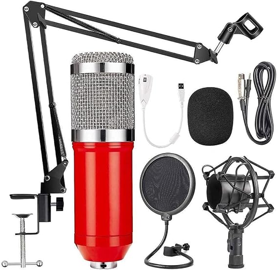 BM-800 Condenser Microphone Kit with Adjustable Suspension Scissor Arm Stand, Shock Mount, Pop Filter, Cable & Sound Card for Podcast & Recording