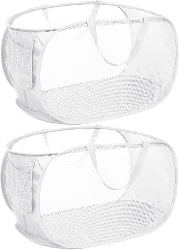 Strong Mesh Pop Up Laundry Basket, Collapsible Laundry Hamper with Side Pocket, Foldable Clothes Hamper with Durable Reinforced Handles for Laundry, Bathroom, Kids Room, Dorm or Travel 2 Pack White