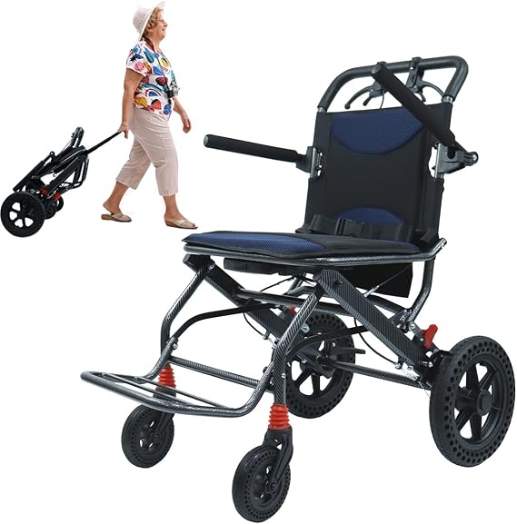 18 in Seat Portable Wheelchair Ultra Lightweight Foldable for Adults and Kids with Hand Brake - Trolleys for Seniors Aircraft Travel