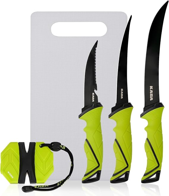 kaba Fishing Fillet Knife Set Saltwater Filleting Knife Set with Knife Sharpener and Cutting Board, Protective Sheath,Fishing Gear Fishing Tool Set