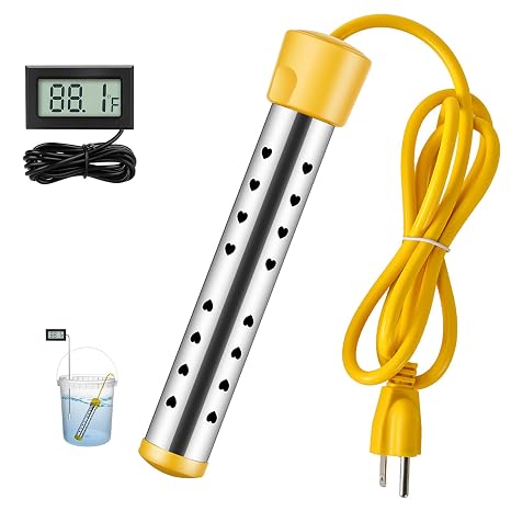 1500w Immersion Water Heater, Portable Water Heater with LCD Thermometer, Rapid Heating, Intelligent Temperature Control, 304 Stainless Steel Protective Cover, Suitable for Bathtubs, Buckets (Yellow)
