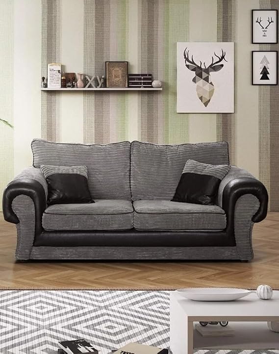 Grey Fabric & Black Faux Leather 3+2 Corner Armchair Seater Sofa Set | Modern High Back Cushioned Sofas | Deep Seat Comfort Living Room Suite | UK Home (3 Seater)