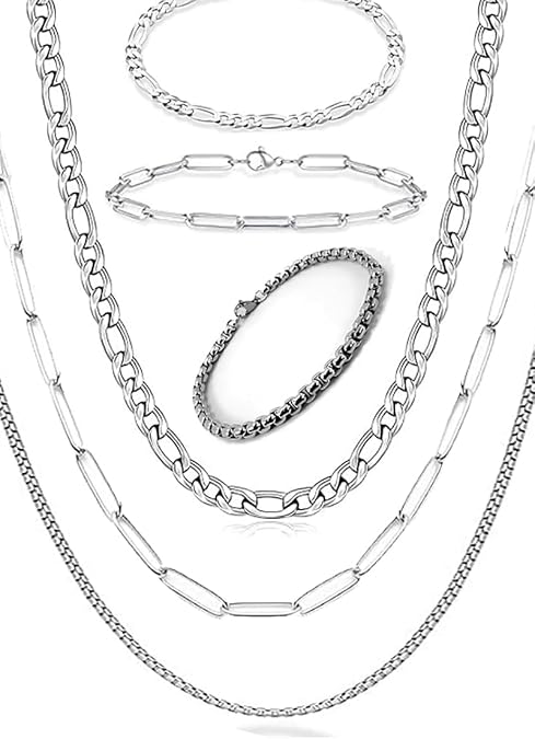 6 ADET SET 3 KOLYE VE 3 BİLEKLİK Gümüş Renk Paslanmaz Çelik Zincir Kolye ve Bileklik Seti – Figaro, Ataç (Paperclip) Model – Erkek & Kadın Unisex Takı