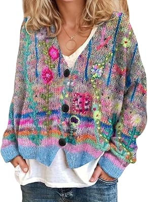Akivide Womens Fall Cute Floral Print Button Down Cardigan Sweater Loose Casual Stretch Long Sleeve Open Front V-Neck Coat