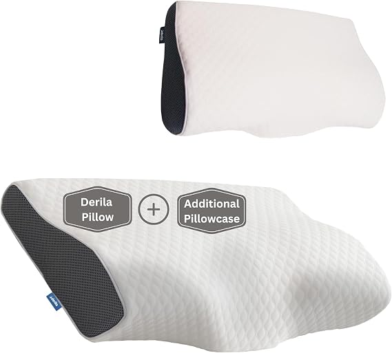 Derila Queen Size Cervical Memory Foam Pillow & Additional Pillowcase | Optimal Temperature Control for Your Perfect Sleep. Contoured Pillow Improves Sleep