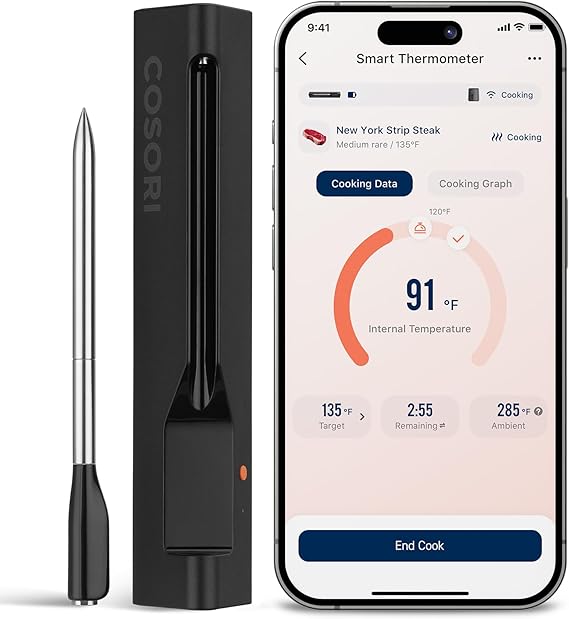 COSORI Wireless Meat Thermometer Digital, Bluetooth Food Thermometer for Grill, Smoker, Oven, Air Fryer for Turkey, Chicken, Steak, Gifts for Men, 90+ Recipes in Free App
