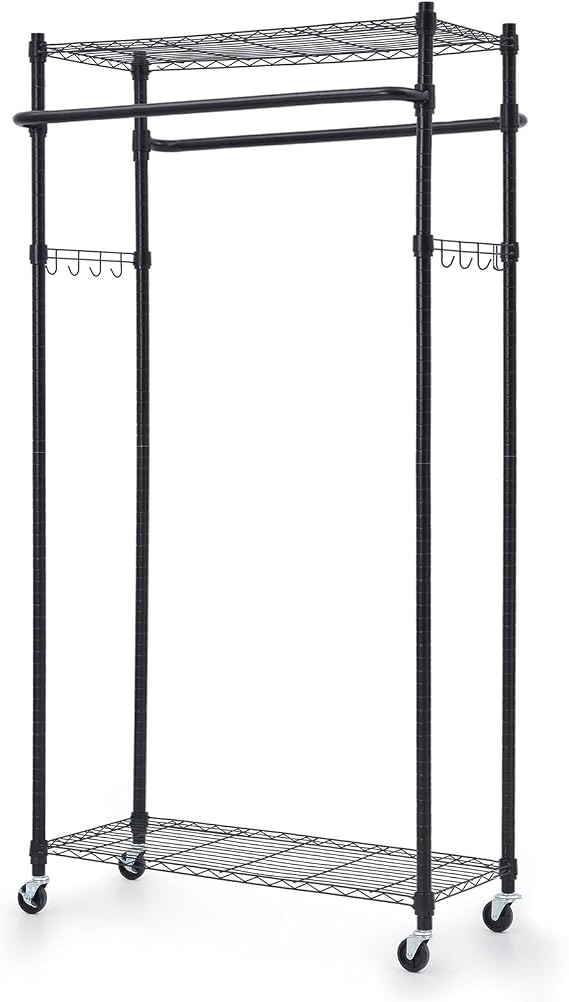 HOKEEPER Heavy Duty Double Rod Clothing Rack with Wheels, Adjustable Garment Rack with 4 Hooks and Shelves, 400lbs Capacity Portable Closet for Bedroom, Laundry Room, Cloakroom