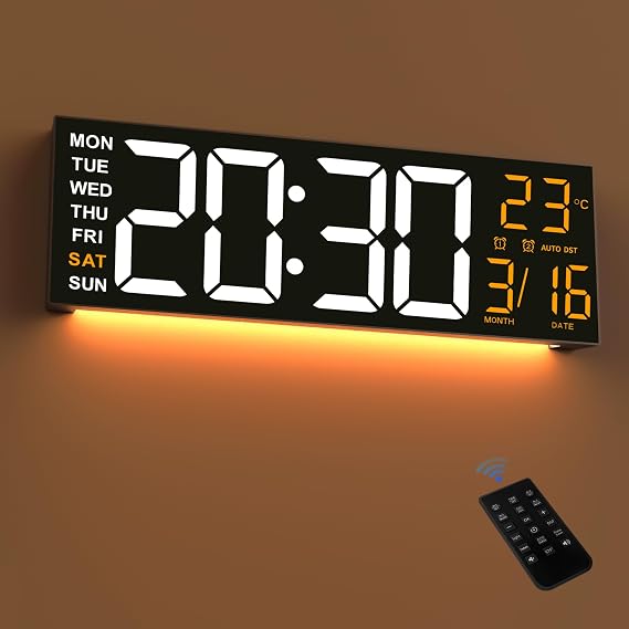 Maxstar 16" Large Digital Wall Clock with 8 RGB Led Display & Remote Control, Loud Dual Alarms,5-Level Dimmer, Auto-DST, Temperature,Date,Night Light for Bedroom/Office/Living Room/Shop/Gym/Game Room