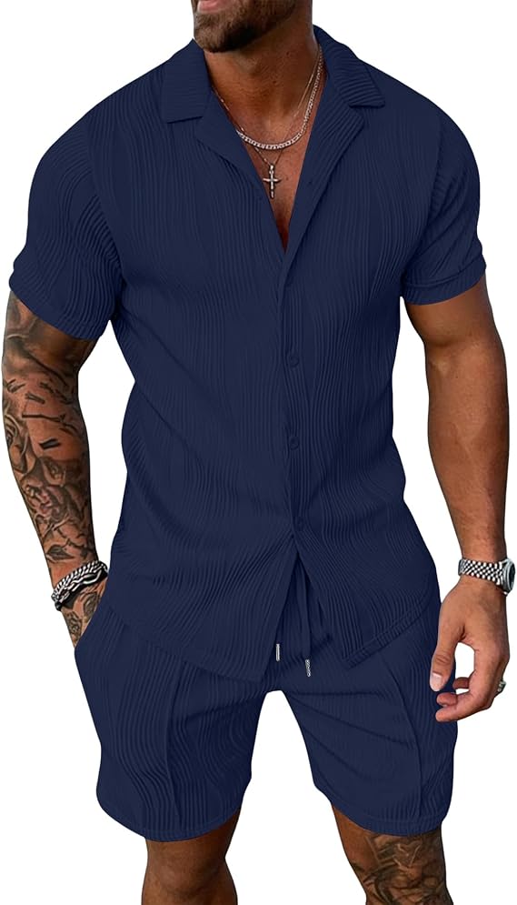UOUA Summer Outfits for Men 2 Piece Short Sleeve Button Down Shirt & Shorts Set Casual Vacation Beach Tracksuit